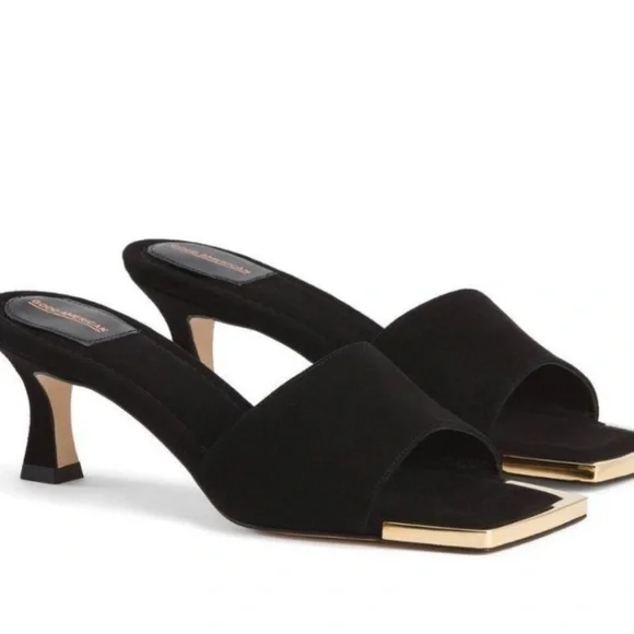 Good American Standout Square Toe Black Suede Size 9 Slide Sandals Kitten Heels - Picture 2 of 5
